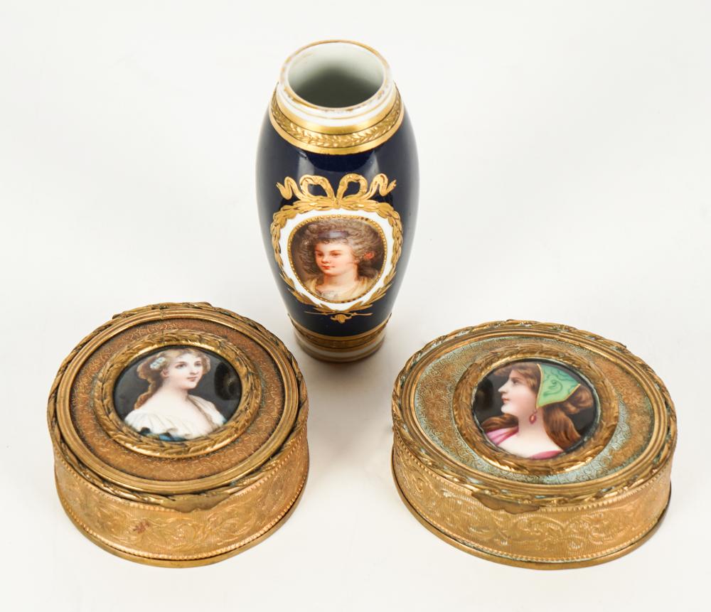 TWO PORCELAIN-INSET BOXES & A