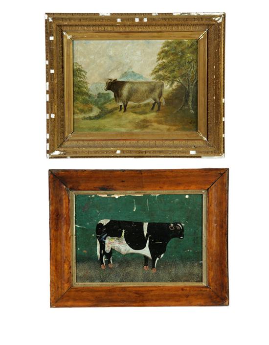 TWO PORTRAITS OF COWS.  Oil on