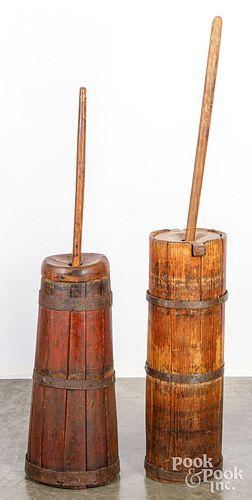 TWO PRIMITIVE WOOD BUTTER CHURNS,