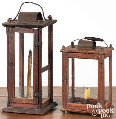 TWO PRIMITIVE WOOD LANTERNS, 19TH