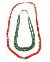 TWO PUEBLO-STYLE TURQUOISE AND