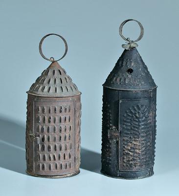 Two punched tin lanterns: one