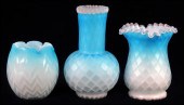 TWO QUILTED SATIN GLASS VASES.