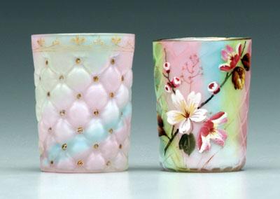 Two rainbow satin glass tumblers: