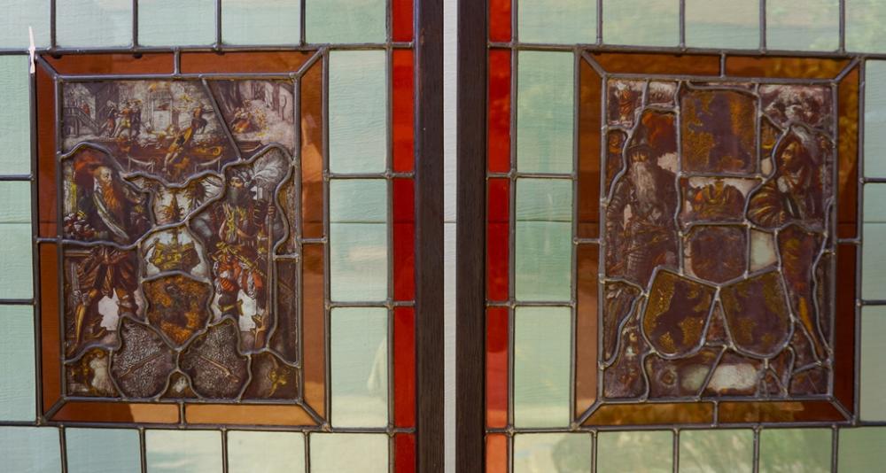 TWO RECTANGULAR ARMORIAL STAINED