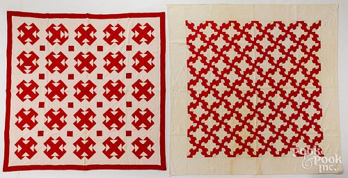 TWO RED AND WHITE PATCHWORK QUILTS,