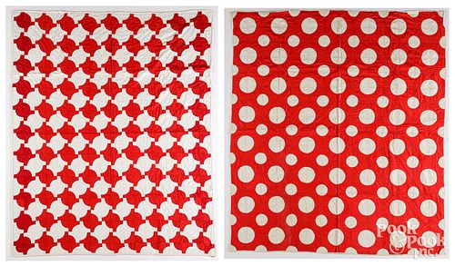 TWO RED AND WHITE PIECED QUILTS,