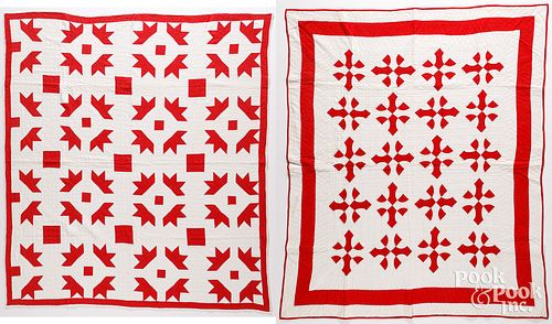 TWO RED AND WHITE PIECED QUILTS,
