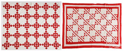 TWO RED AND WHITE PIECED QUILTS,