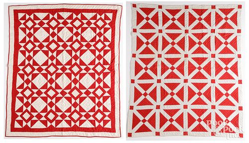 TWO RED AND WHITE PIECED QUILTS,