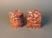 TWO RED MARBLE PLINTHS, H: 4 I