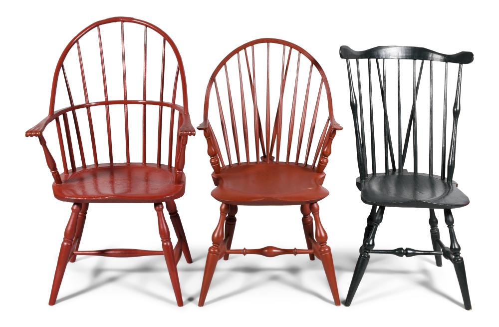 TWO RED PAINTED WINDSOR ARMCHAIRS
