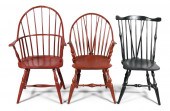 TWO RED PAINTED WINDSOR ARMCHA