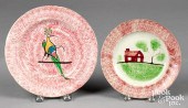 TWO RED SPATTER PLATES, WITH S