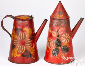 TWO RED TOLEWARE COFFEEPOTS, 1