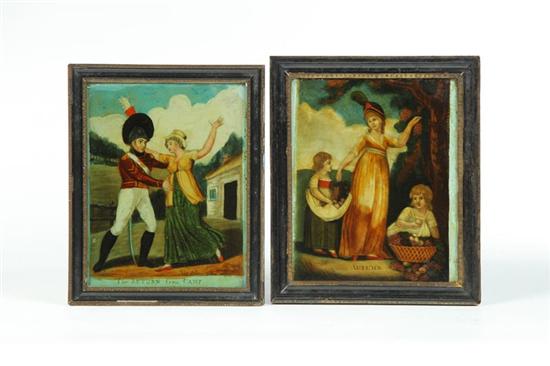 TWO REVERSE PRINTS ON GLASS. 