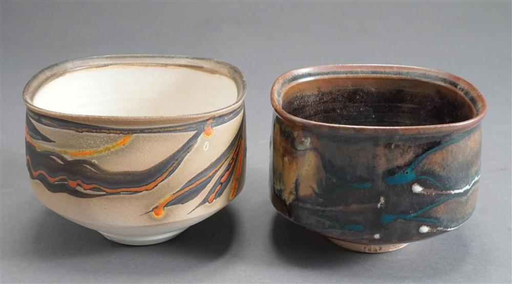 TWO ROBIN HOPPER GLAZED STONEWARE