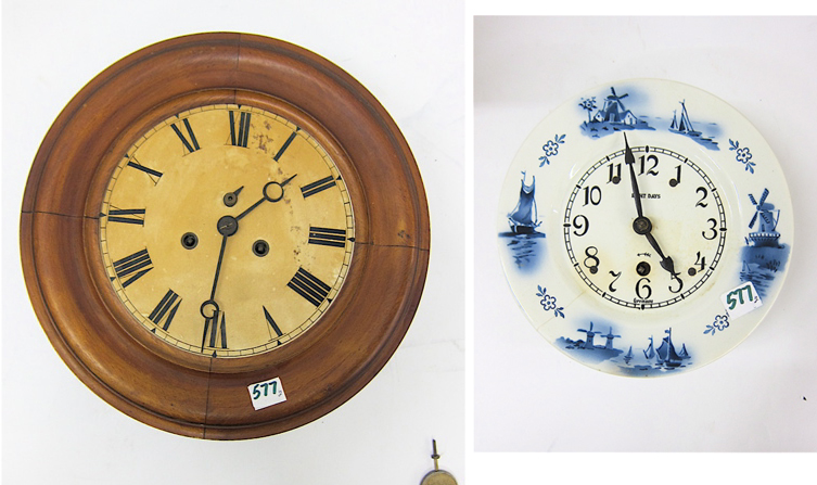 TWO ROUND GERMAN WALL CLOCKS: 13''D