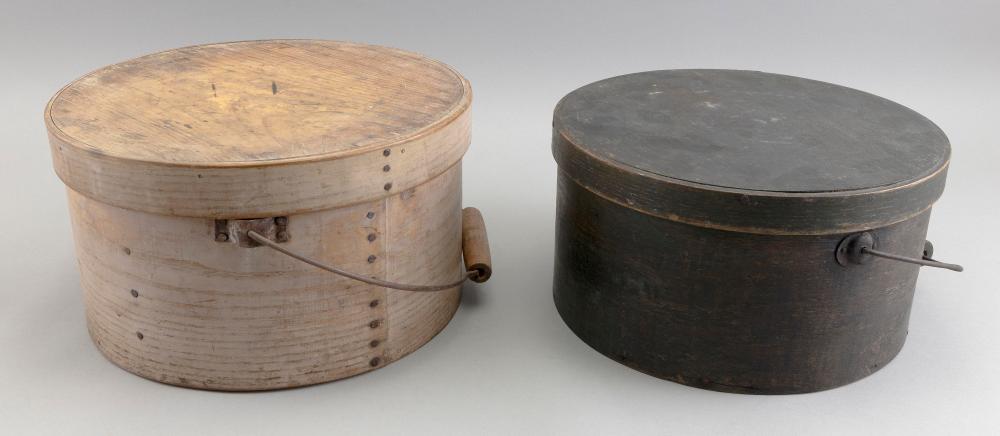 TWO ROUND SWING-HANDLE WOODEN BOXES