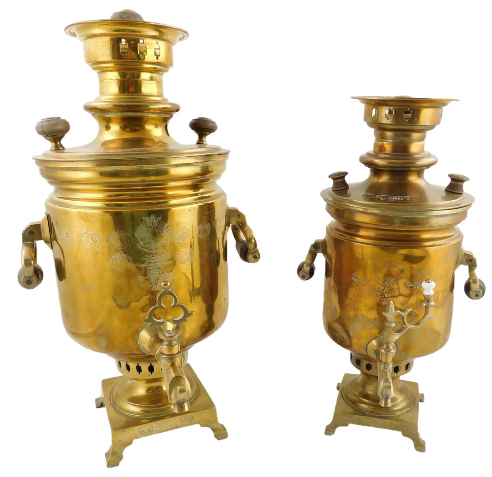 TWO RUSSIAN BRASS SAMOVARS, LATE