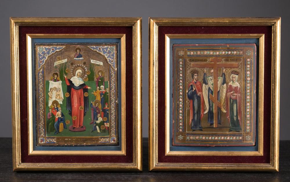 TWO RUSSIAN HAND-PAINTED ICONS ON
