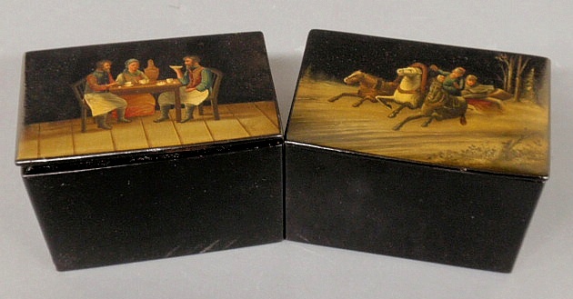 Two Russian lacquerware tea caddy