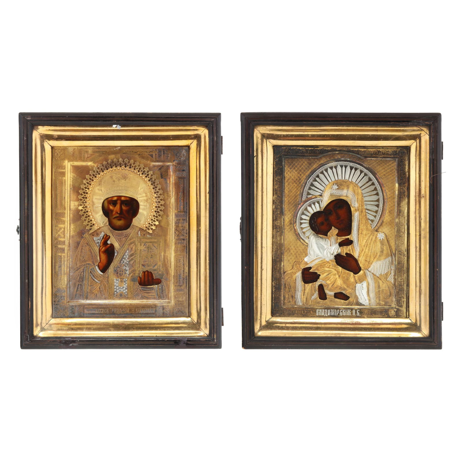 TWO RUSSIAN ORTHODOX OKLAD ICONS,