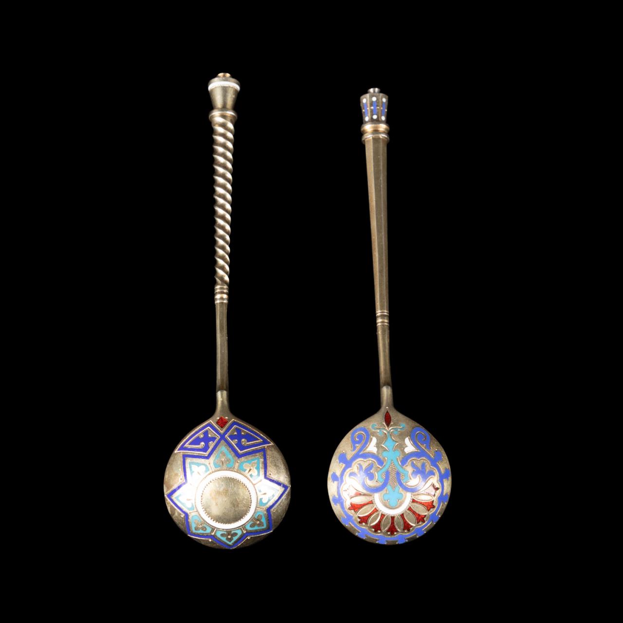 TWO RUSSIAN SILVER GILT CHAMPLEVE