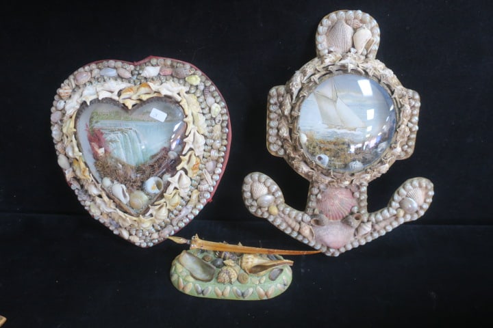 TWO SAILORS VALENTINE SHELL PLAQUES