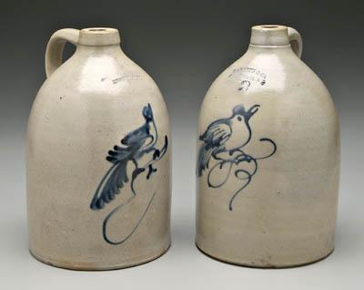 Two salt glazed jugs, birds: one