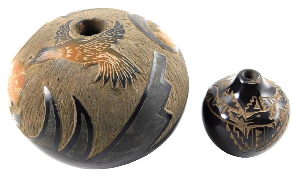 TWO SANTA CLARA POTTERY SEED POTS