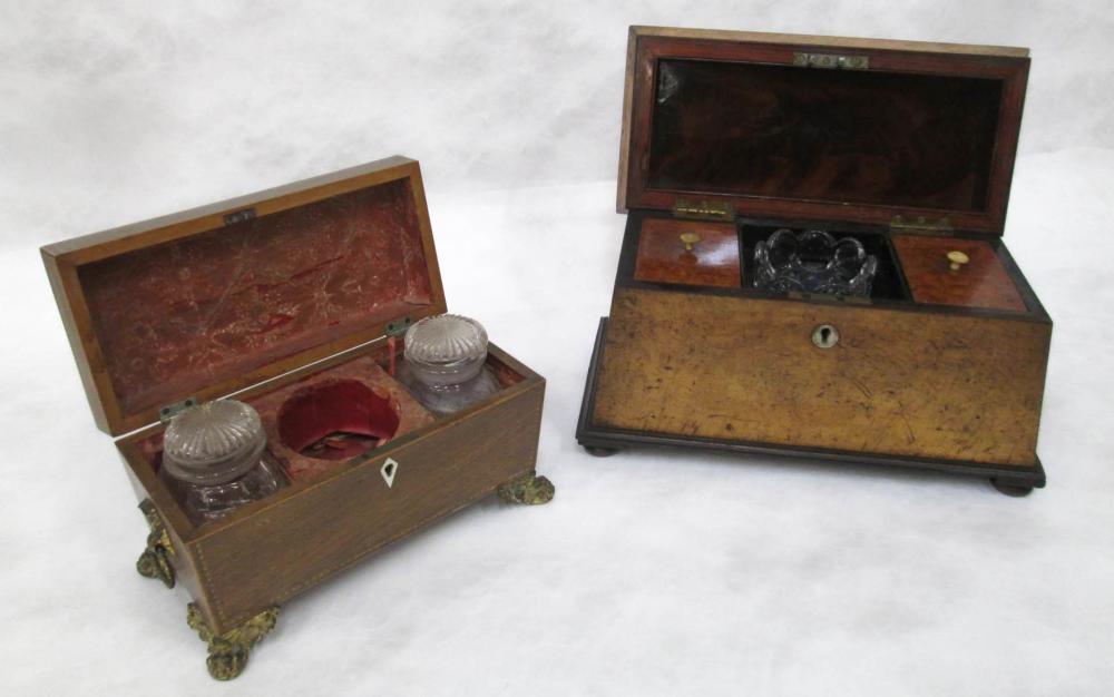 TWO SARCOPHAGUS FORM TEA CADDIES,