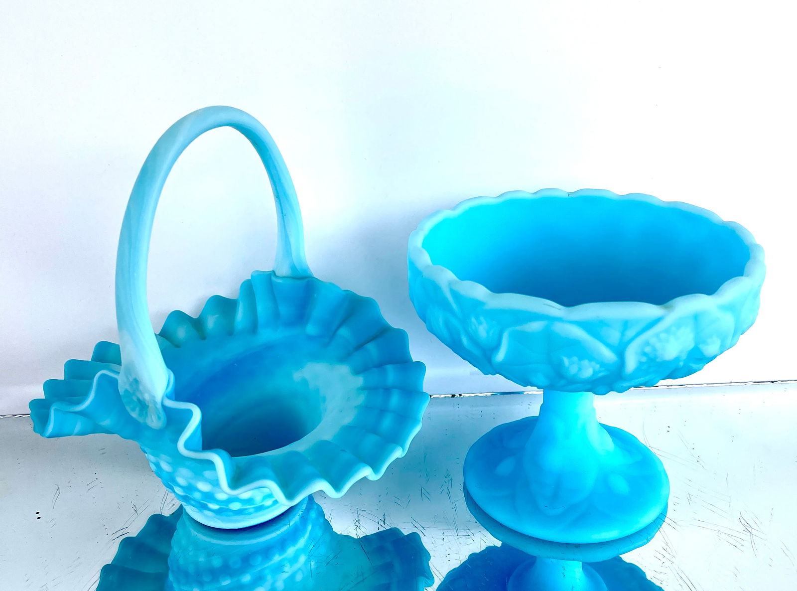 TWO SATIN BLUE FENTON ART