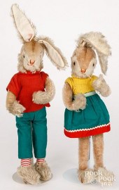 TWO SCHUCO DRESSED PLUSH RABBI