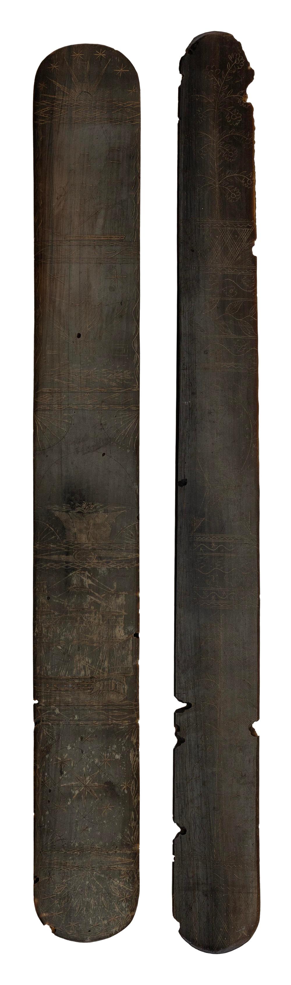 TWO SCRIMSHAW BALEEN BUSKS LATE