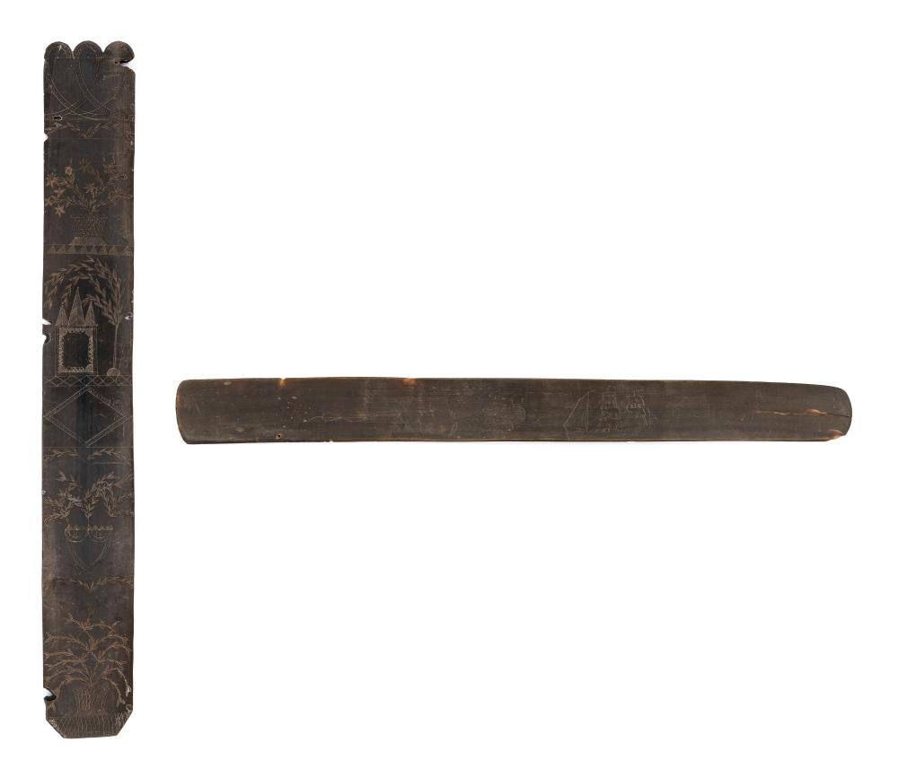 TWO SCRIMSHAW BALEEN BUSKS MID-19TH