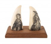 TWO SCRIMSHAW WHALE TEETH ON W