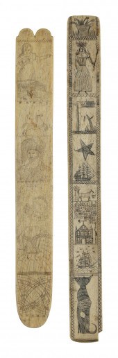 TWO SCRIMSHAW WHALEBONE BUSKS