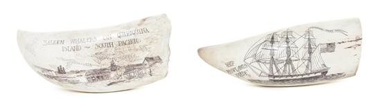 Two Scrimshaw Whale's Teeth one
