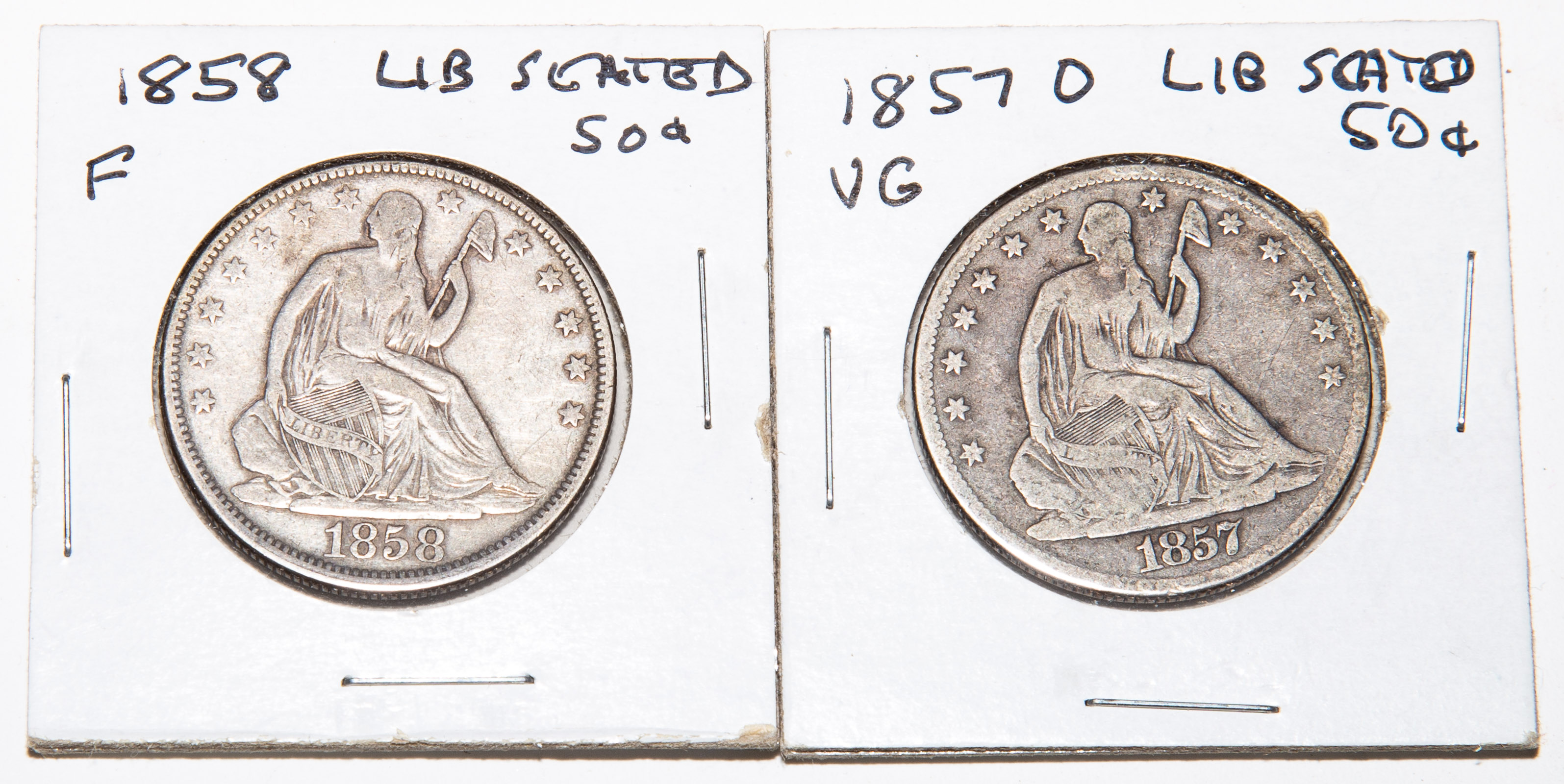 TWO SEATED HALVES 1857-O VG &