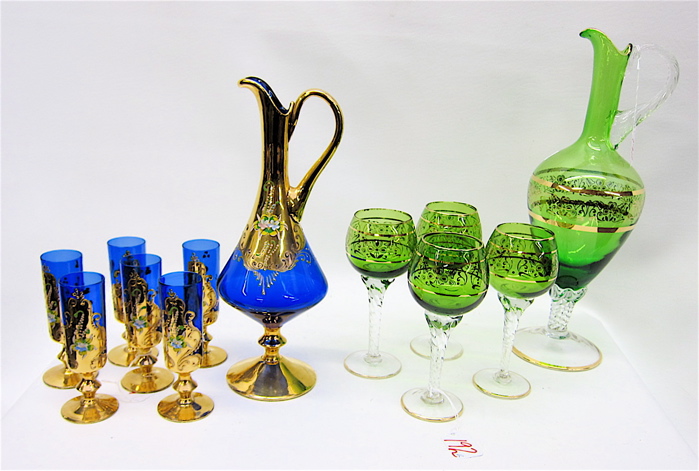 TWO SETS GLASS PEDESTAL PITCHERS