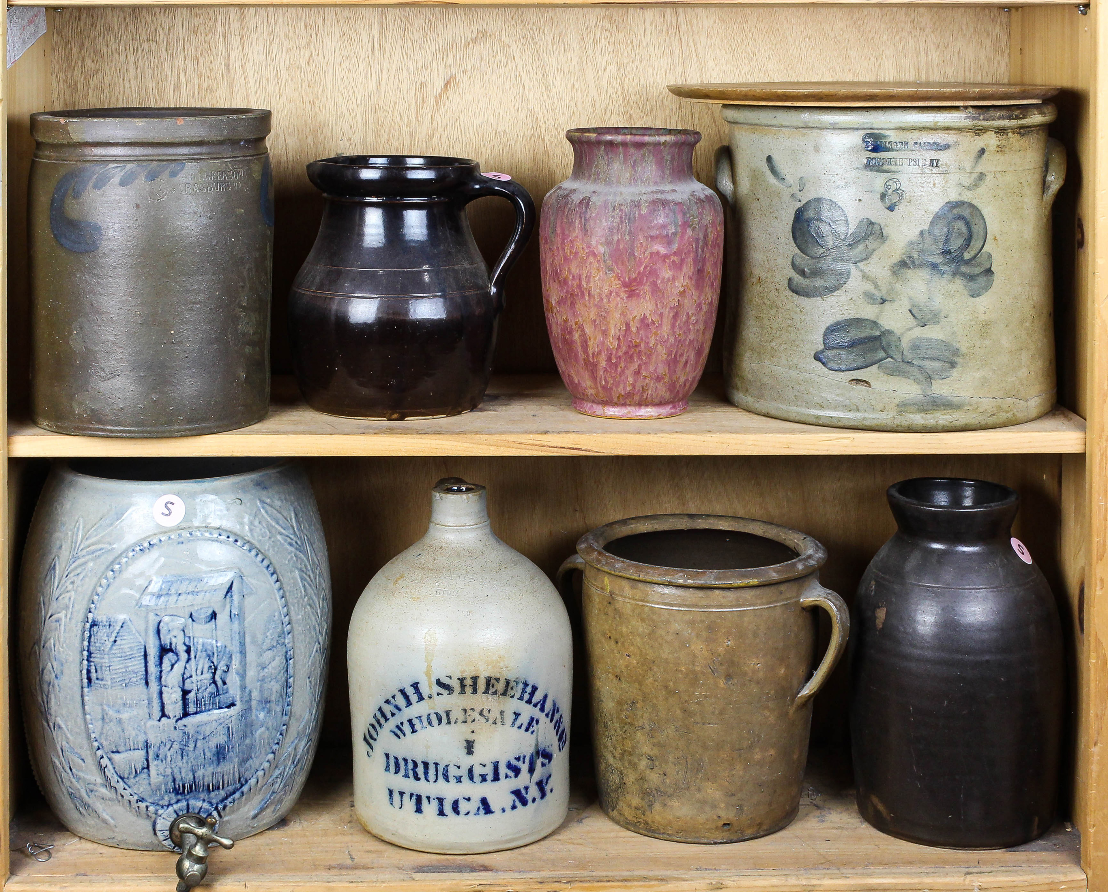 TWO SHELVES INCLUDING STONEWARE AND
