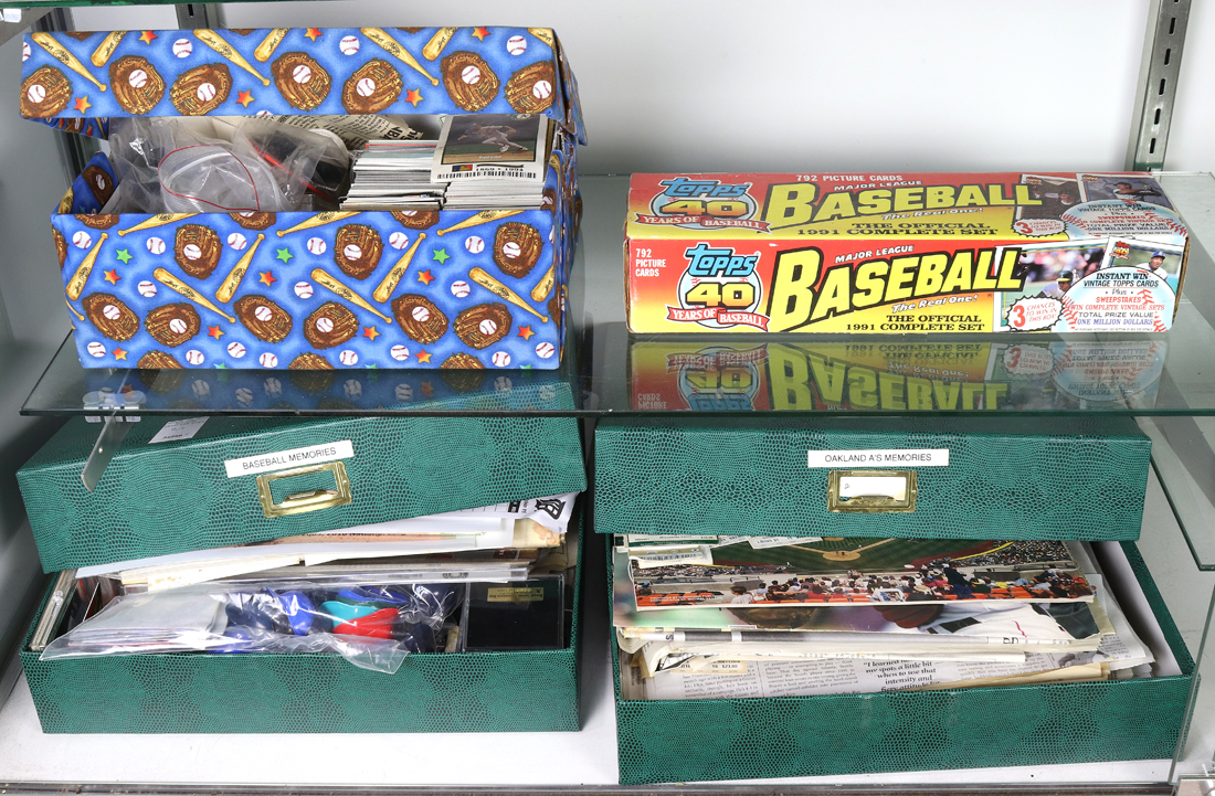 TWO SHELVES OF BASEBALL MEMORABILIA