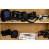 TWO SHELVES OF CAMERA EQUIPMEN