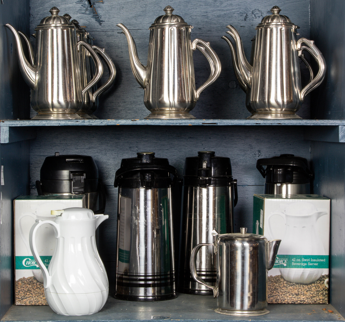 TWO SHELVES OF CATERING ACCESSORIES