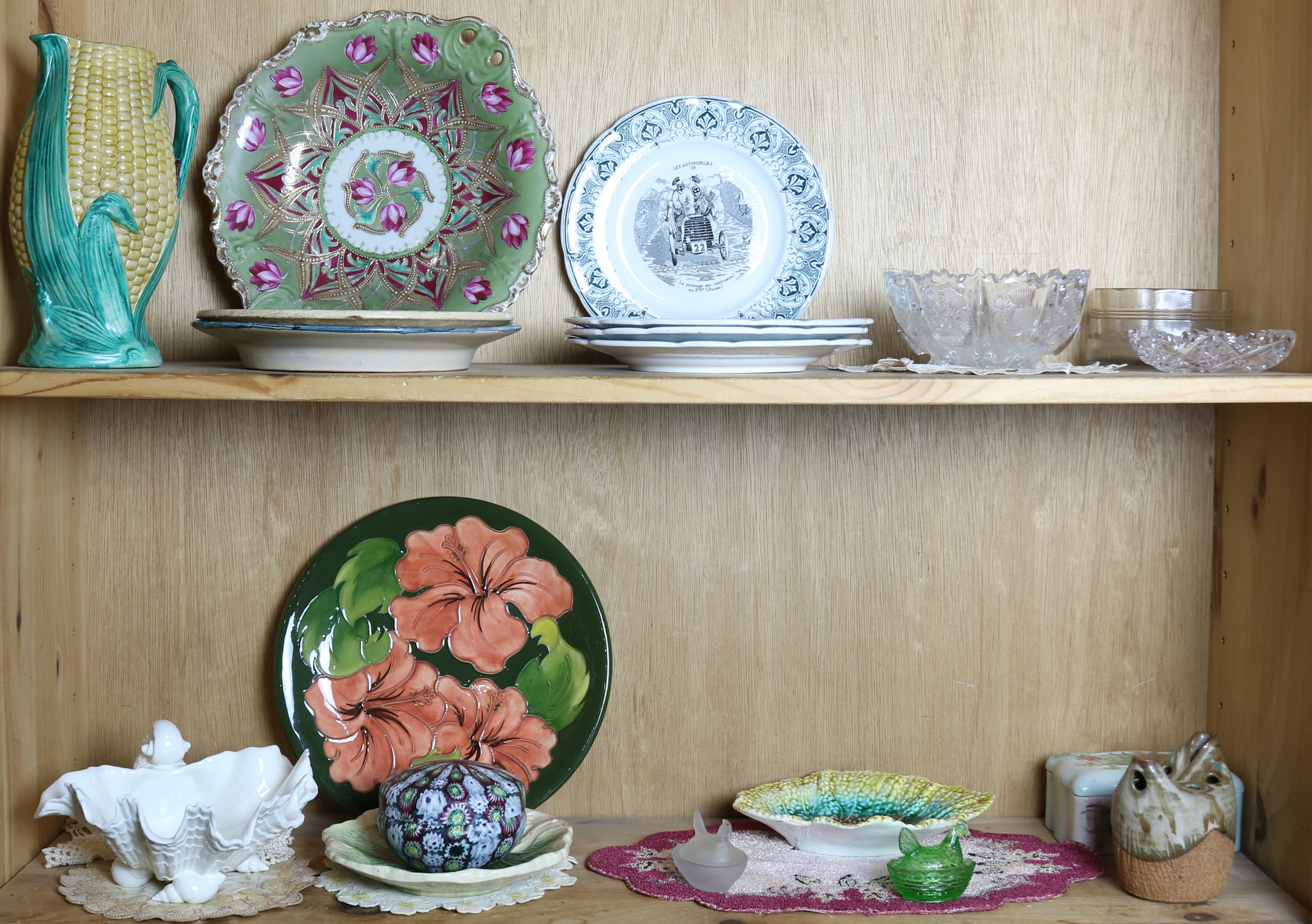 TWO SHELVES OF CERAMIC AND GLASS