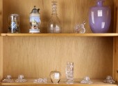 TWO SHELVES OF CRYSTAL AND DEC