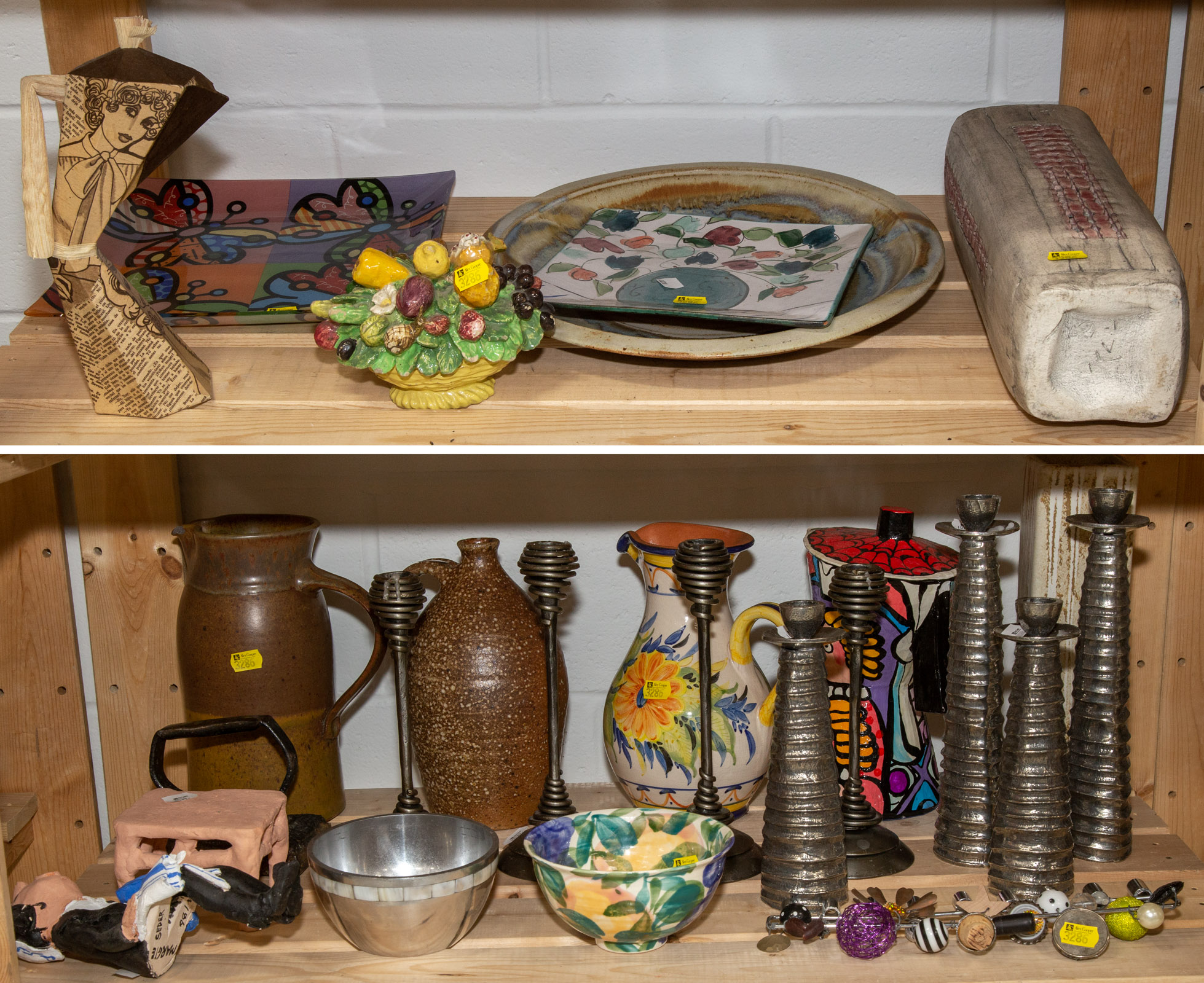 TWO SHELVES OF DECORATIONS &
