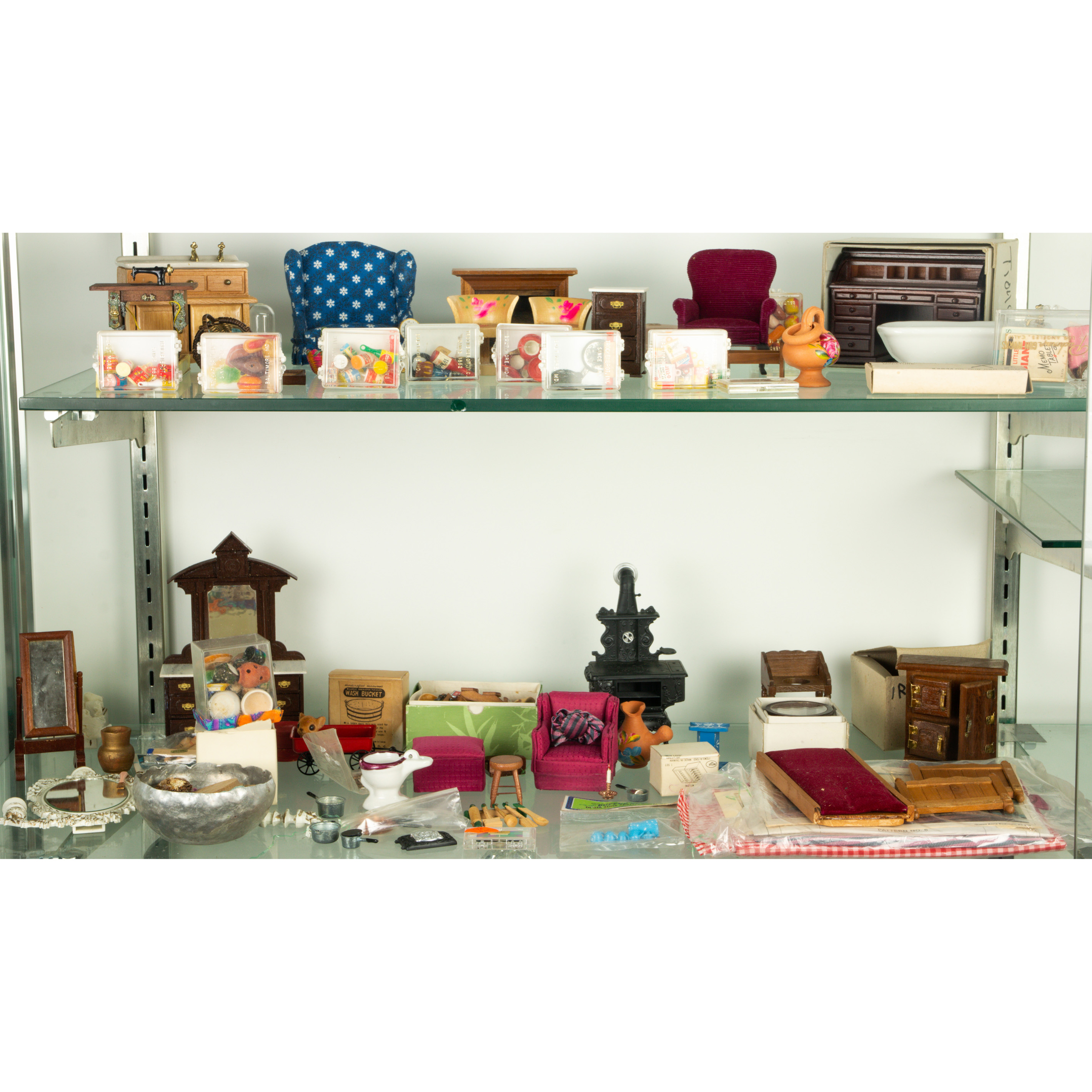 TWO SHELVES OF MOSTLY DOLL HOUSE