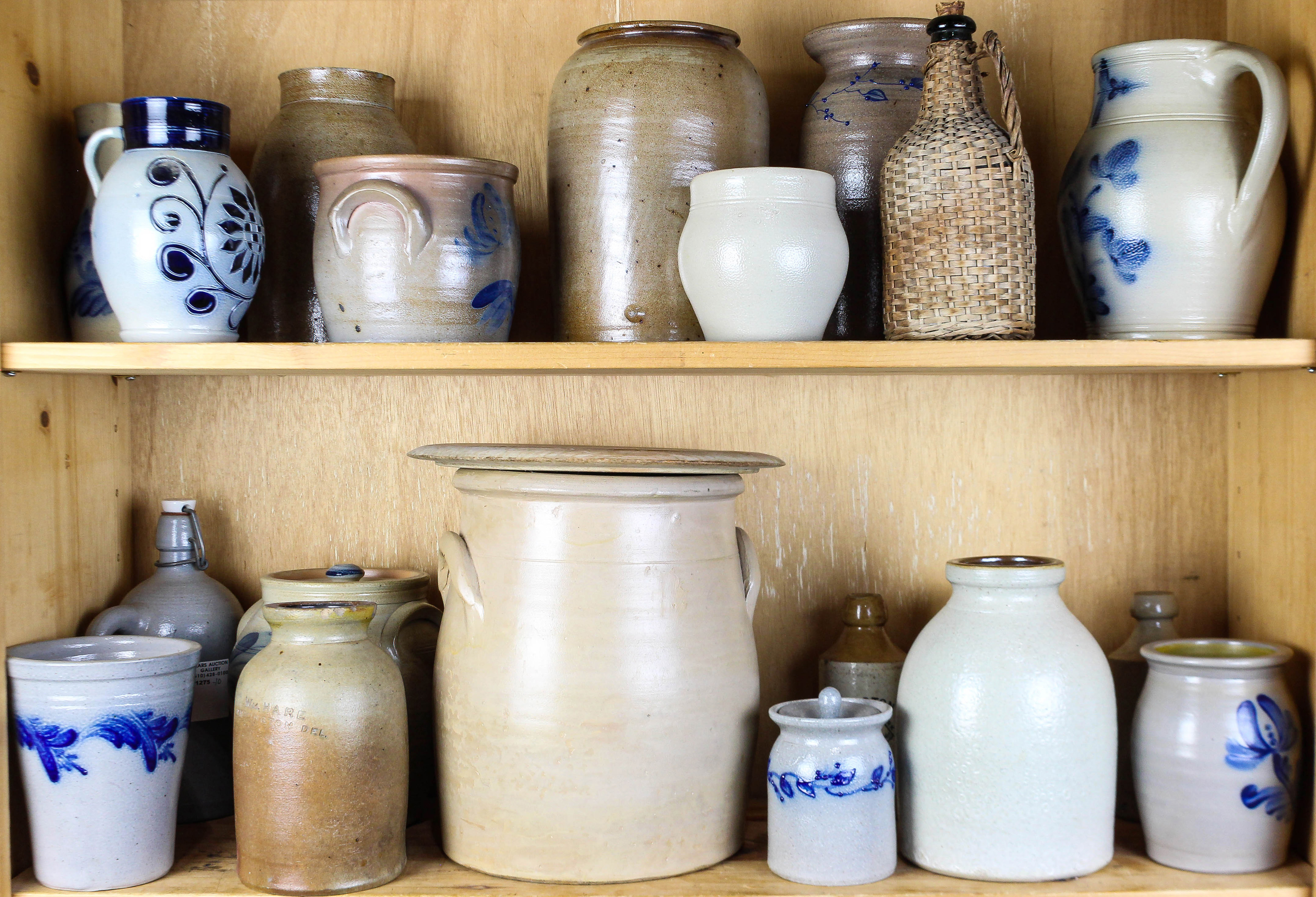 TWO SHELVES OF MOSTLY STONEWARE